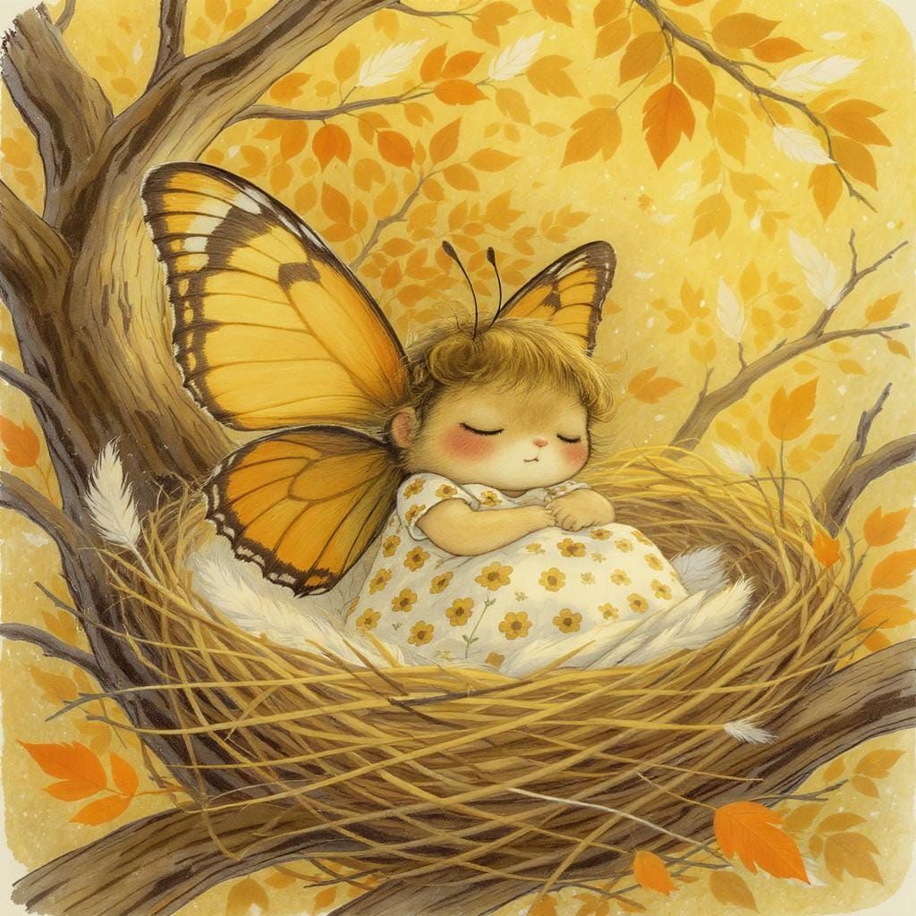 Butterfly Wakes in Nest, Whimsical Art Style