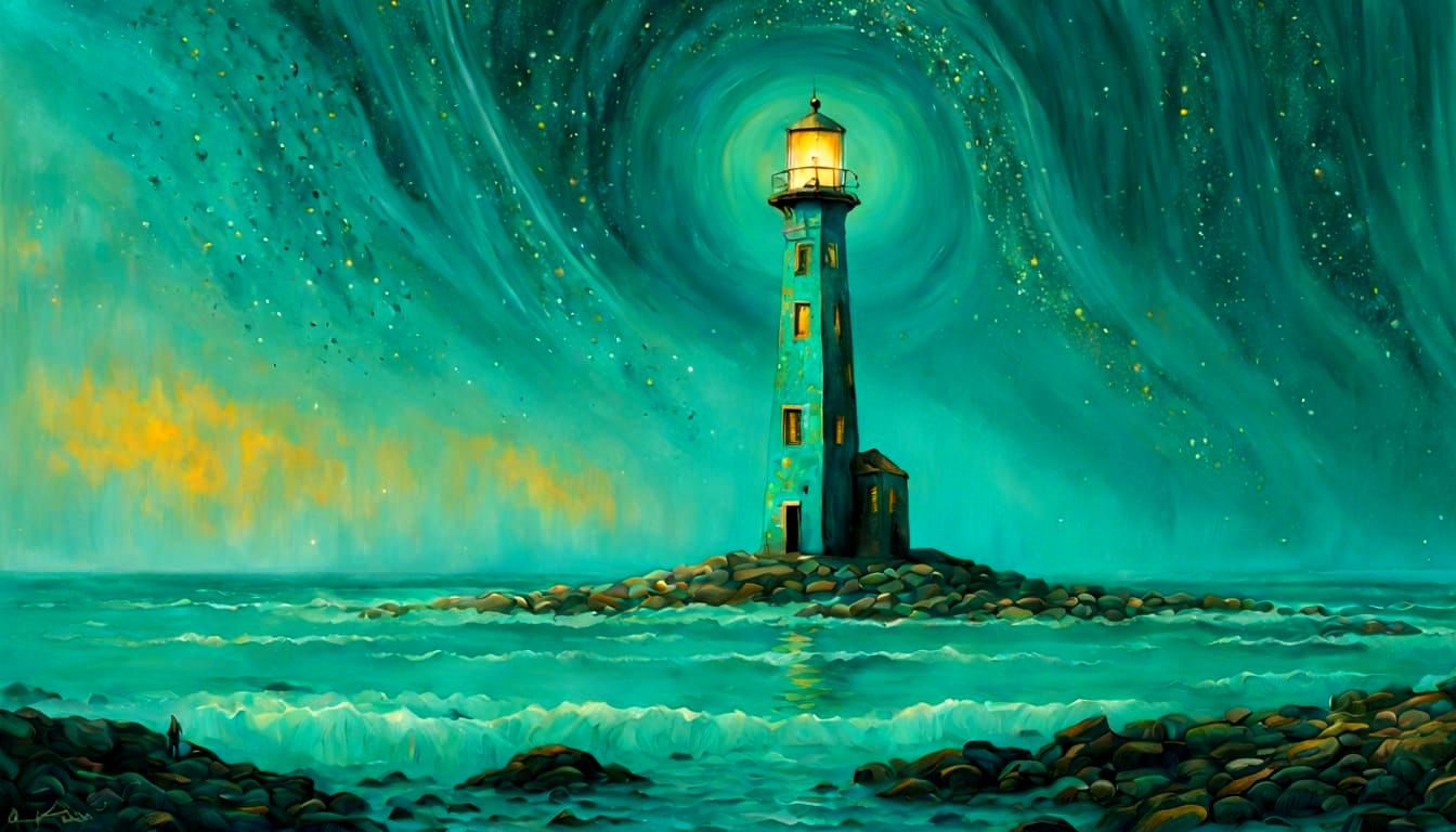 Turquoise Lighthouse in Starry Klimt Landscape