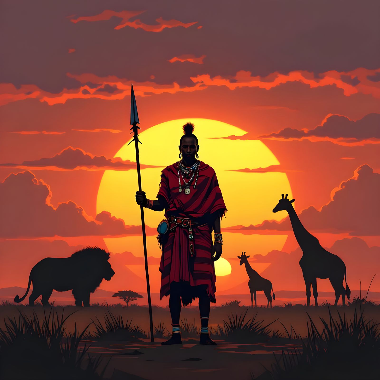 Maasai Warrior at Sunset on the Savannah