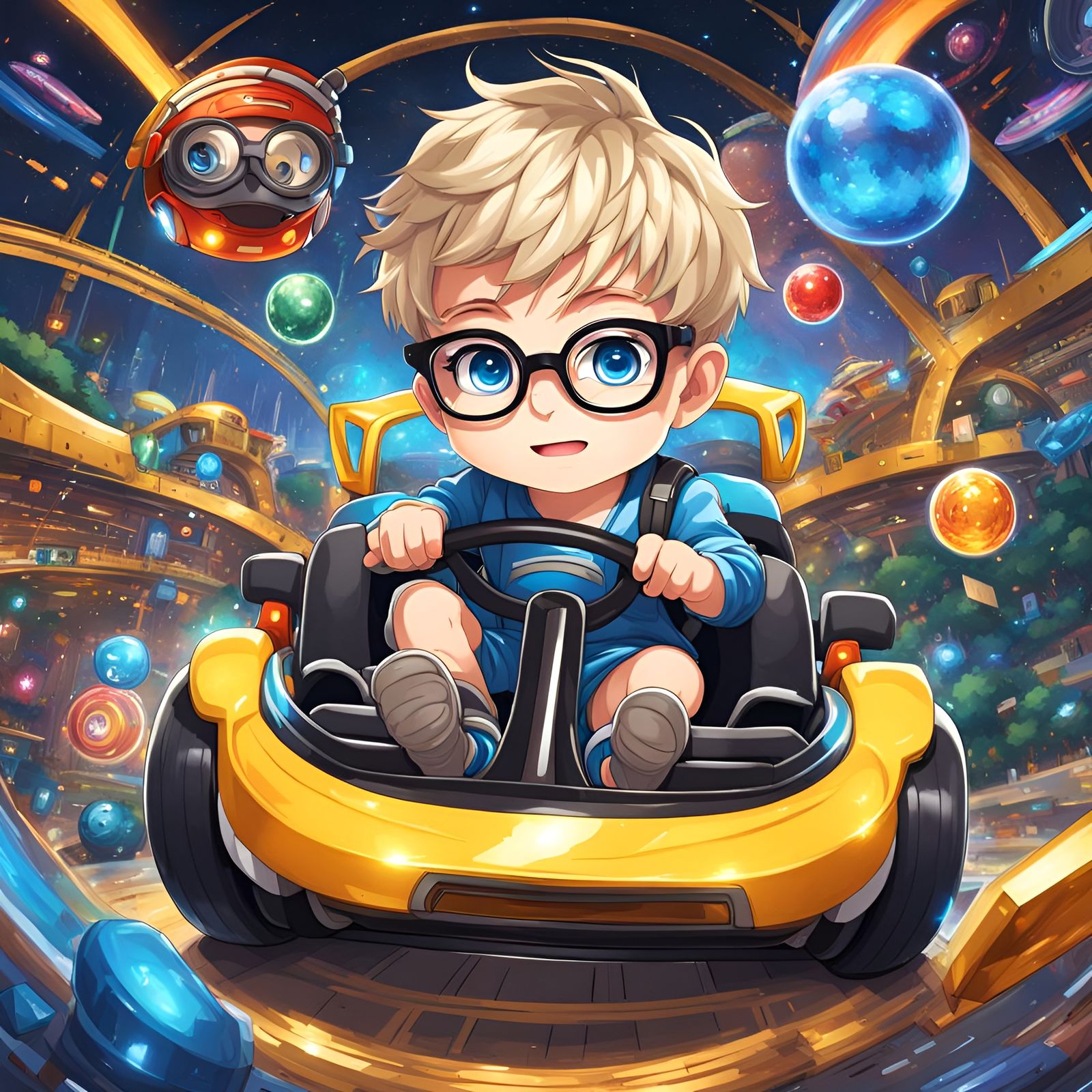 Chibi Anime Boy Rides Go Cart with Vibrant, Intricately Deta...