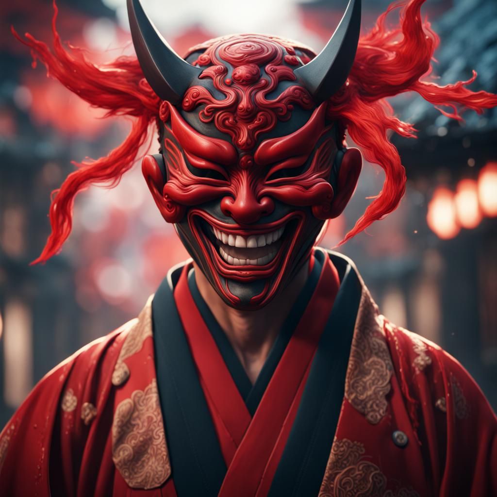 Japanese Warrior Reveals Joyful Red Anime Mask in Vibrant Fa...