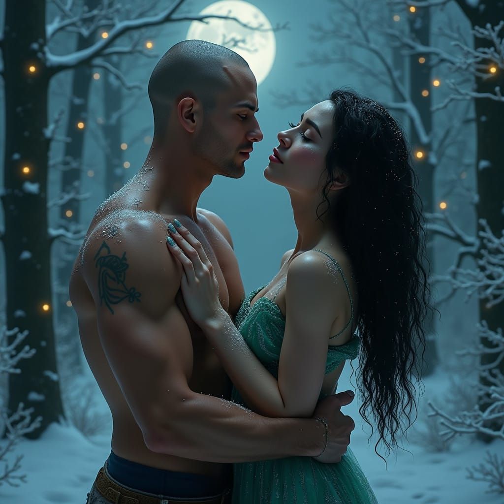 A Chiseled Hero Embraces a Mystical Beauty in a Winter Wonde...