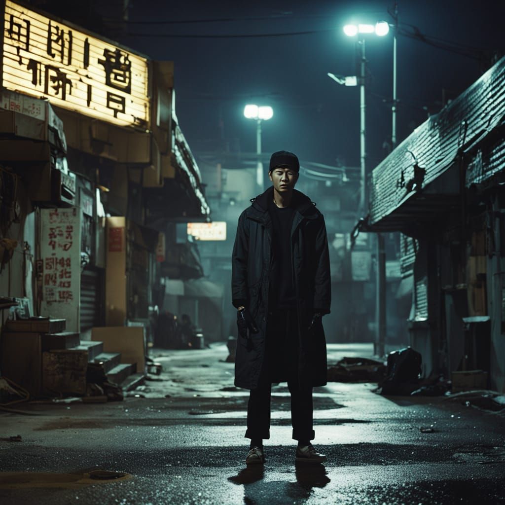 Gritty Korean Mobster in Neon-Lit Crime Noir Scene