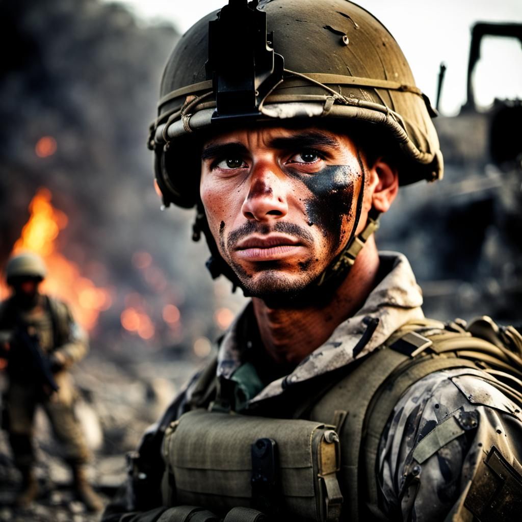 War-Torn Soldier in a Moment of Sorrow