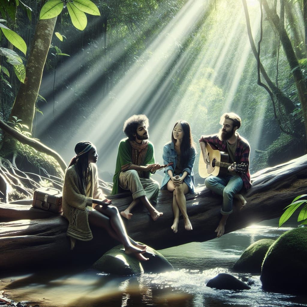 Diverse Friends Gather in Serene Forest Landscape