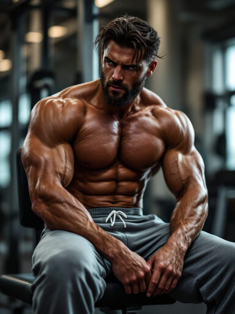 Muscular Man in Grey Sweatpants Sits on Weight Bench