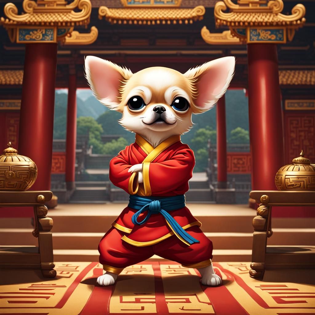 Chibified Chihuahua Fights in a Bustling Chinese Temple