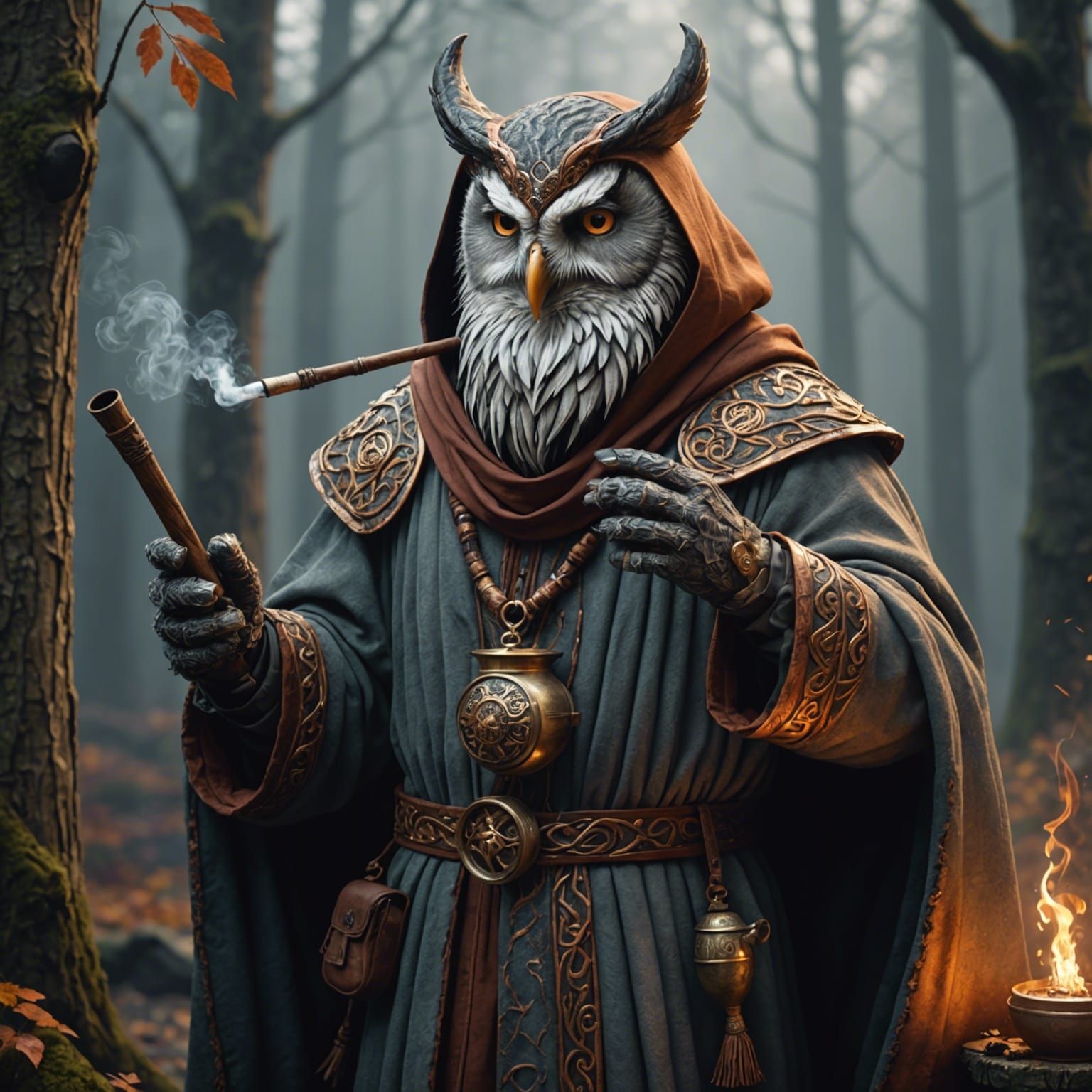 Owlfolk Druid in Mysterious Gray and Copper Robe