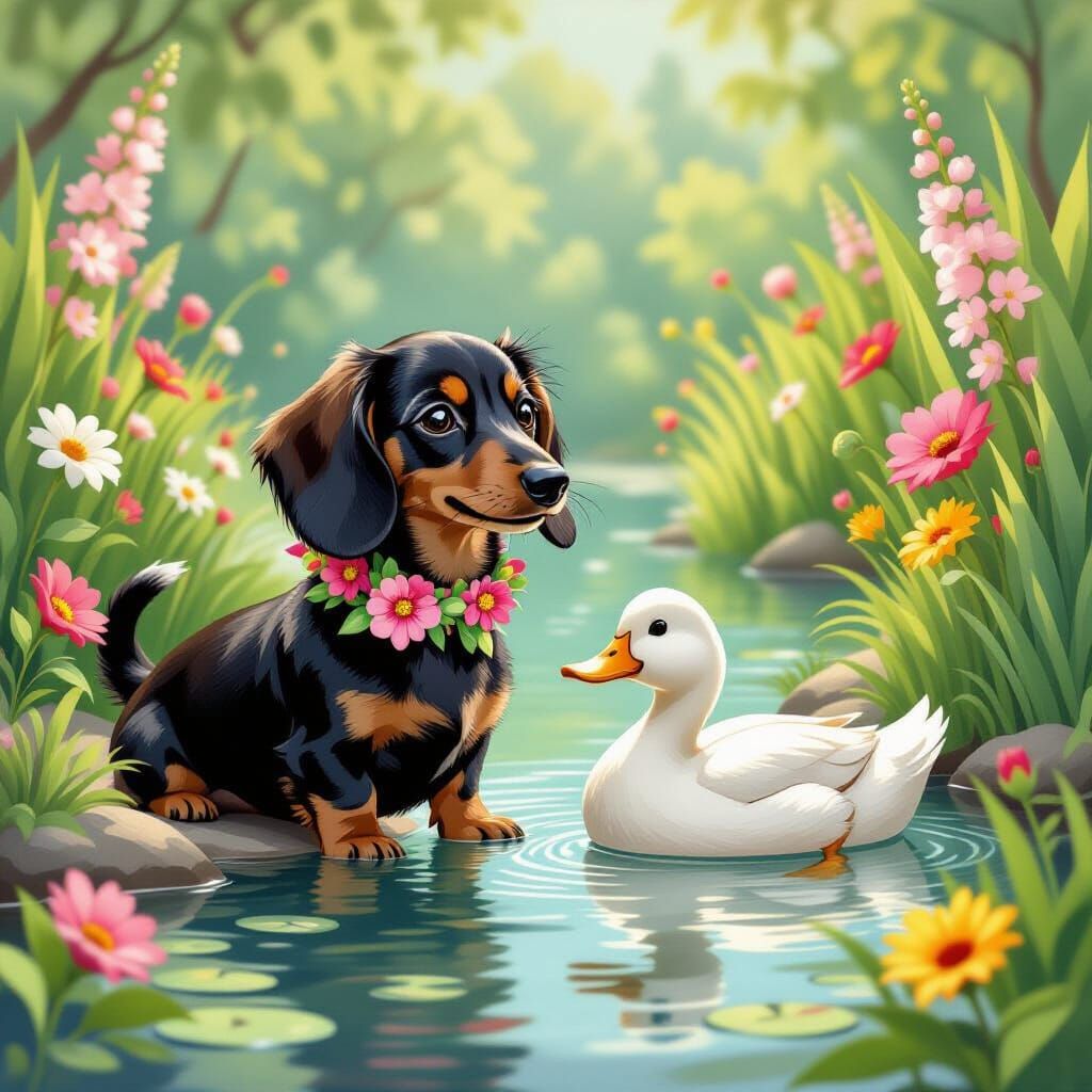 Dachshund and Duckling Playtime in Floral Garden