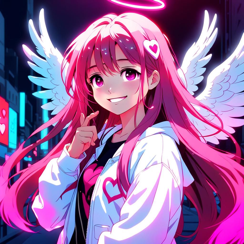 Angel Woman in Vibrant Neon Light and Pastel Colors