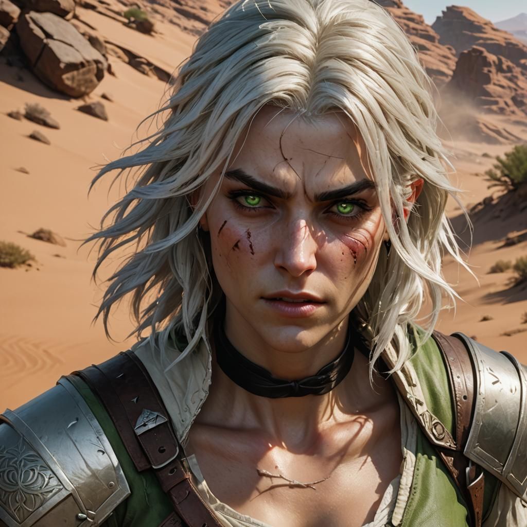 Ciri in Epic Desert Battle, Fine Features and Triadic Colors