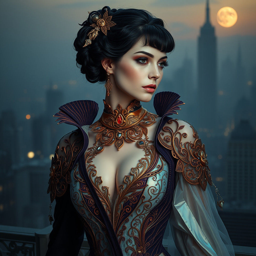 Woman in Futuristic Edwardian Gown Set Against Cyberpunk Cit...