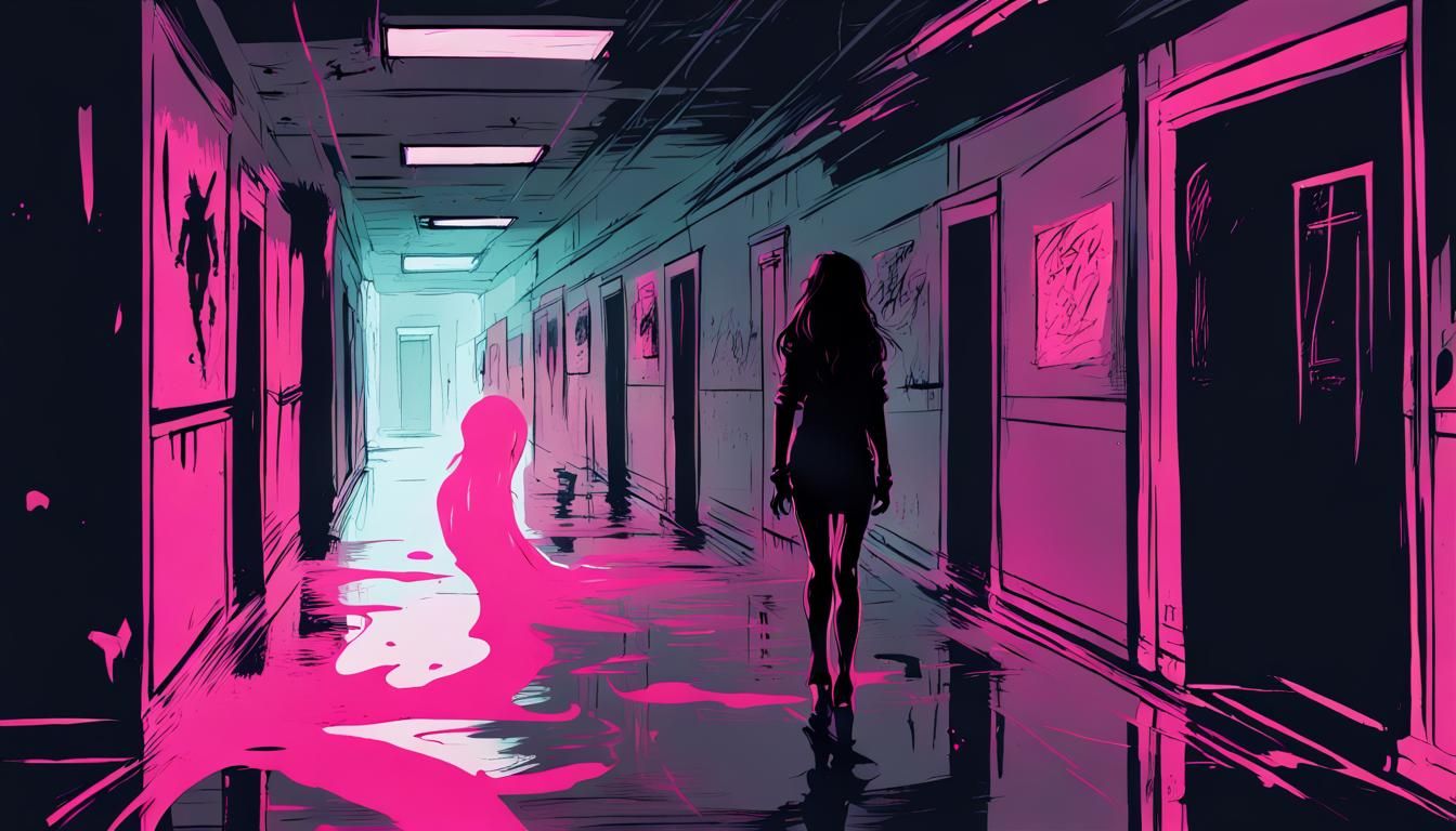 Creepy Girl Ghost in Dark School Corridor