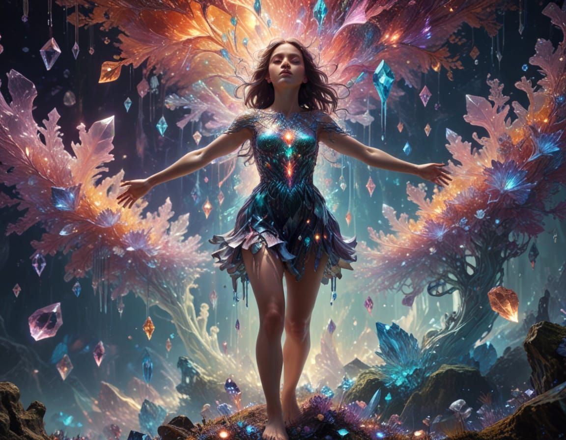 Surreal Crystal Goddess in Vibrant Fractal Realm