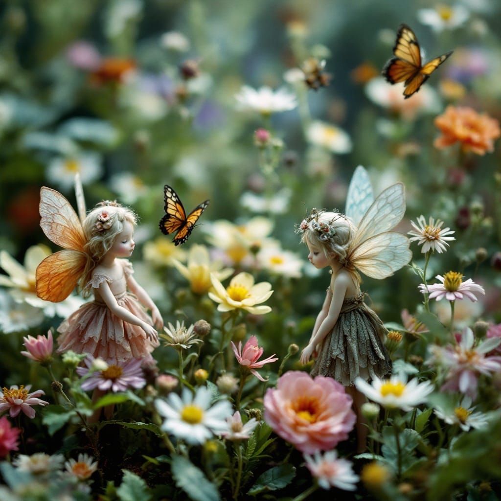 Whimsical Faeries in a Lush Miniature Garden