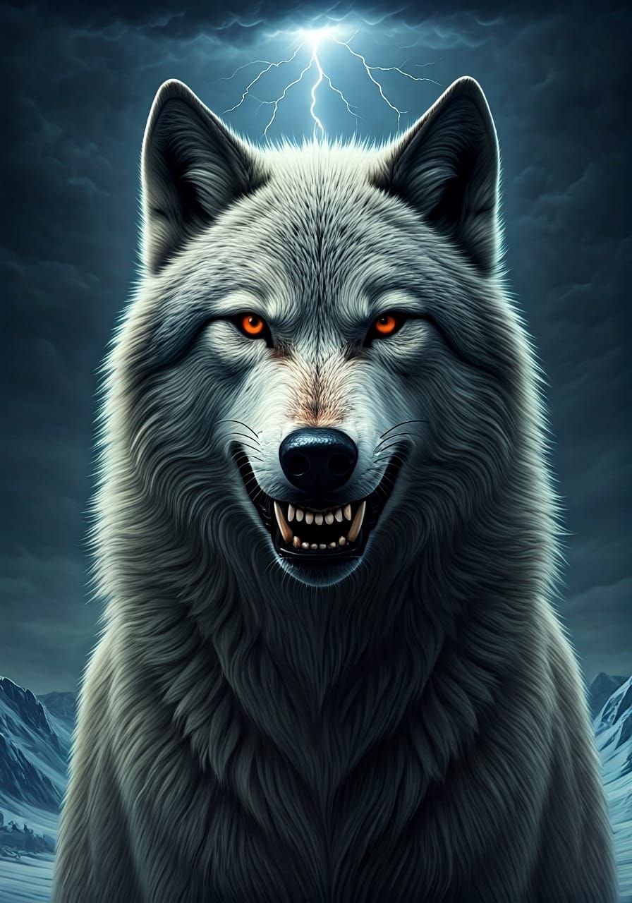 Fierce Siberian Wolf in Lightning Storm