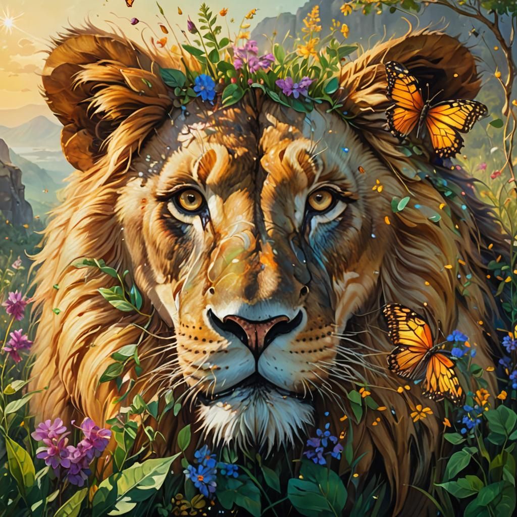 Surreal Lion with Vibrant Butterfly Wings in Lush Paradise