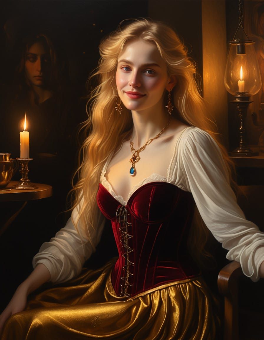 Ethereal Woman in Candlelight Renaissance Cafe