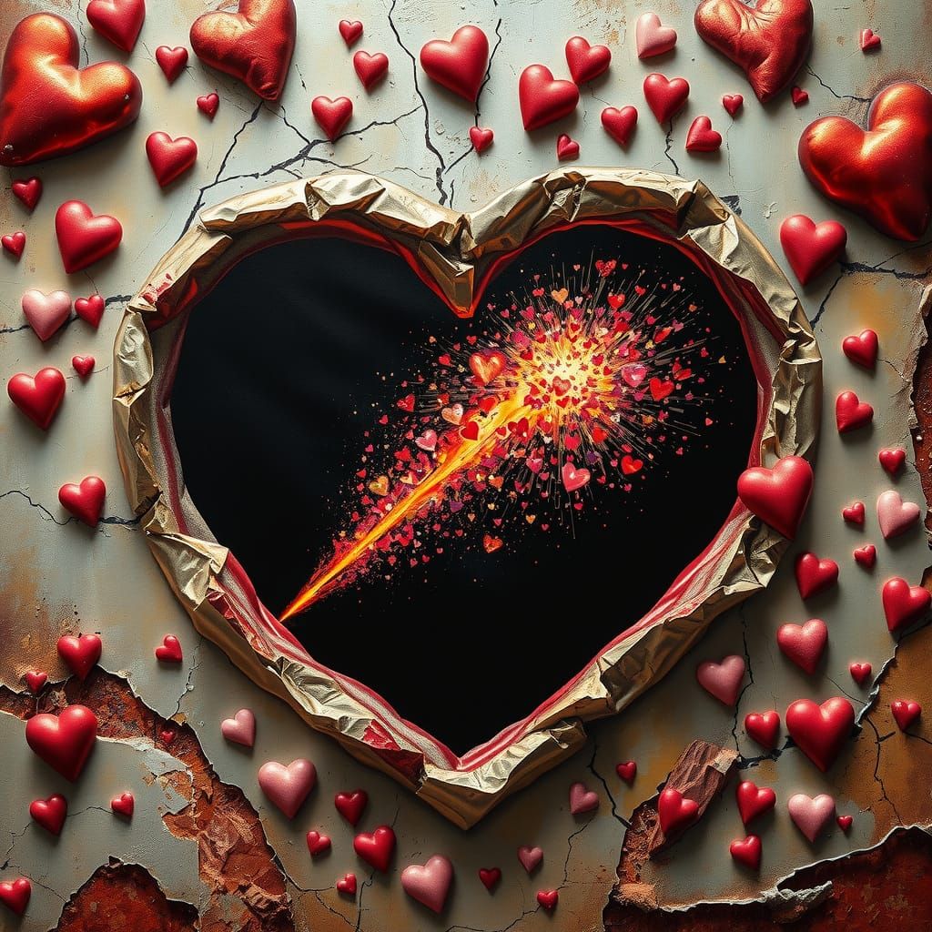 Vibrant Oil Painting of Heart-Shaped Comet on Rustic Wall