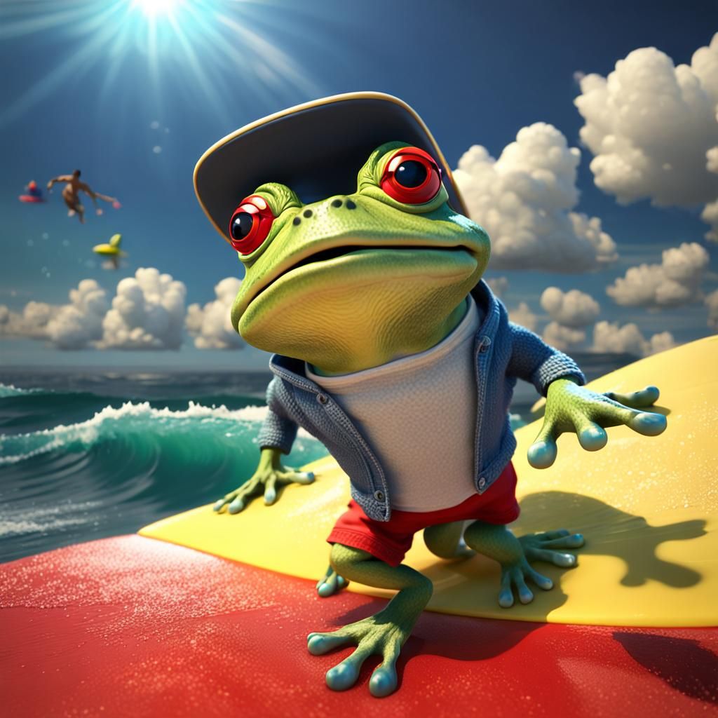 Cinematic 3D Surfing Frog in Disney Pixar Style
