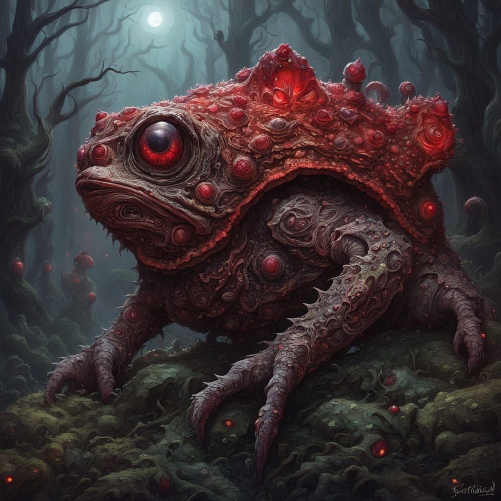 Colossal, Twisted Horned Toad Deity in Dark, Biomechanical F...