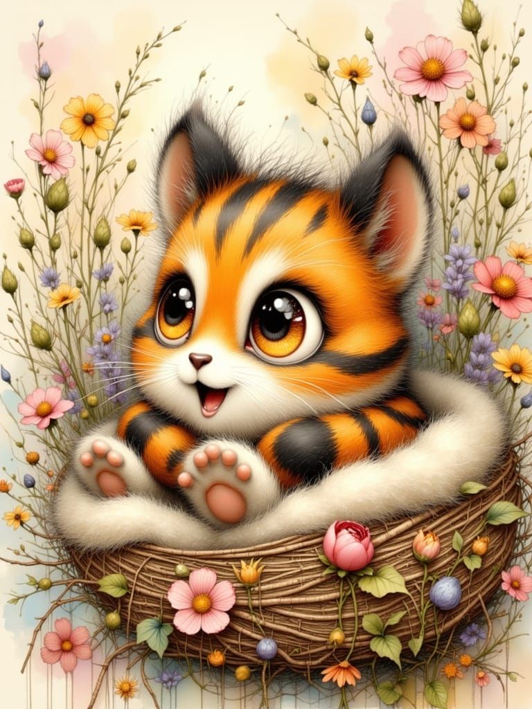 Cute Striped Creature in Floral Nest, Whimsical Cartoon