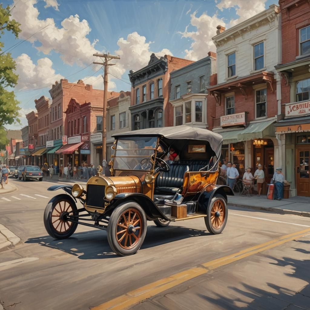 Vintage Model T Ford Cruises Main Street in a Small Town