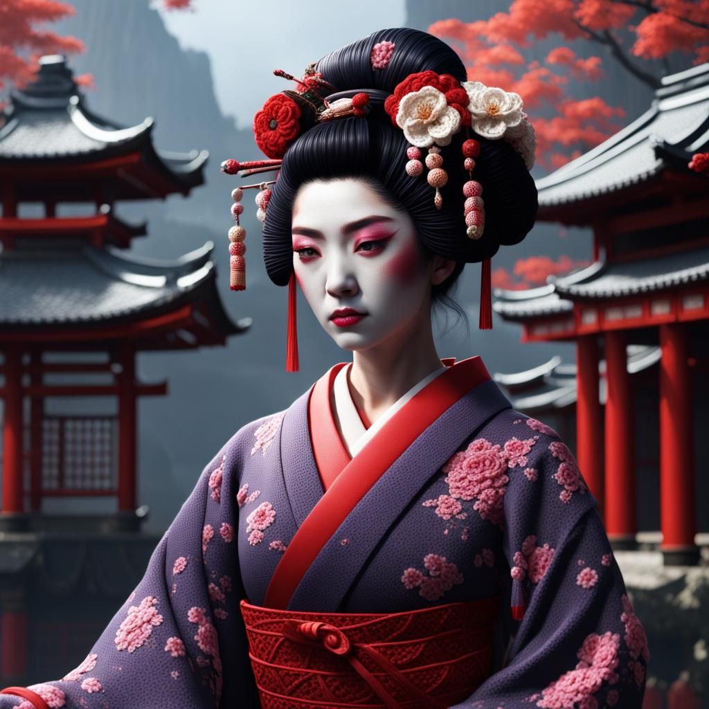 Geisha in Intricate Crochet Headdress, Fantasy Art in Japane...