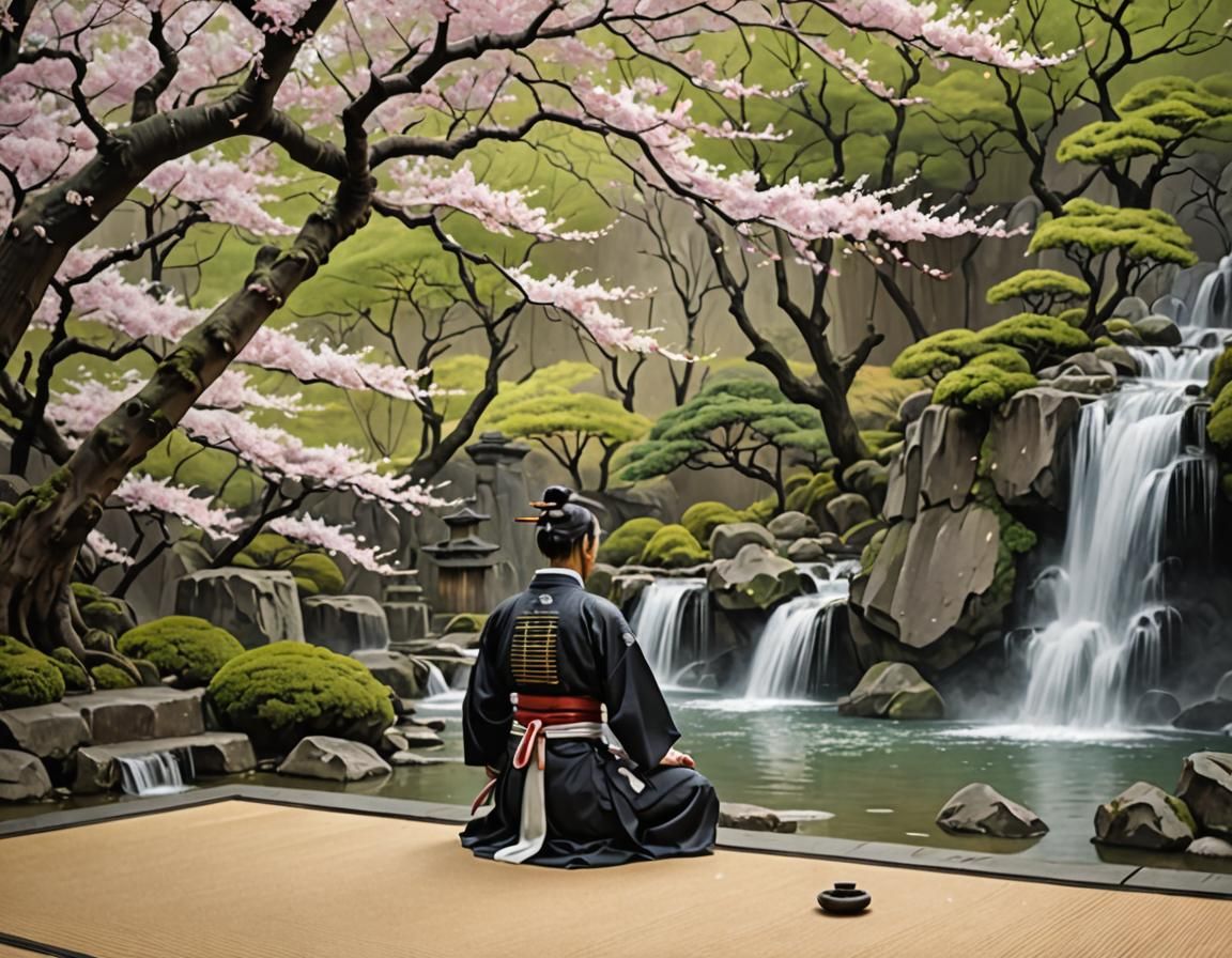 A samurai meditates in front of a Japanese waterfall