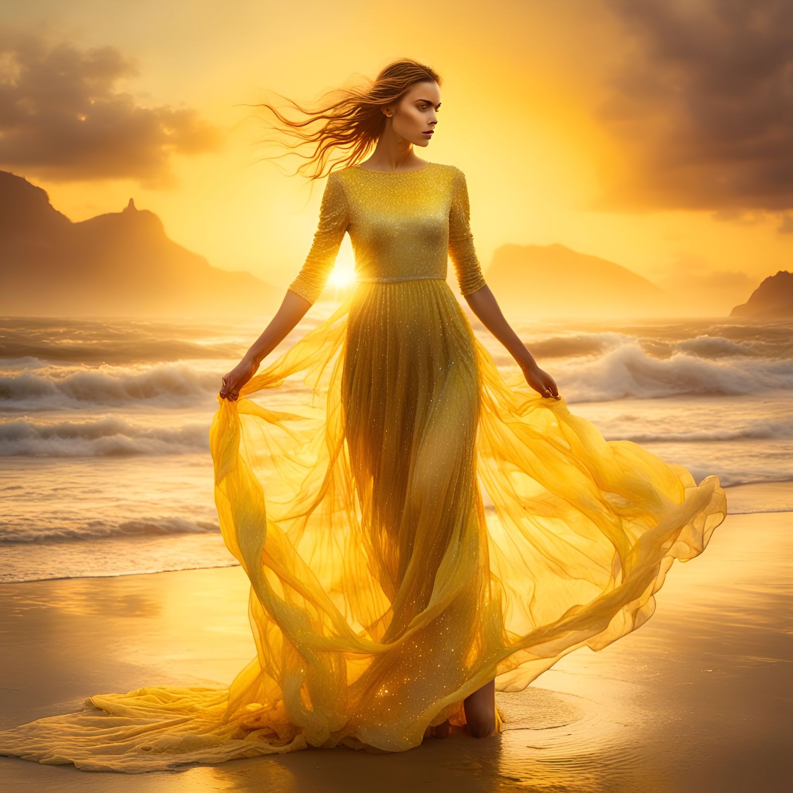 Ethereal Sunset Goddess with Disappearing Dress in Vibrant Y...