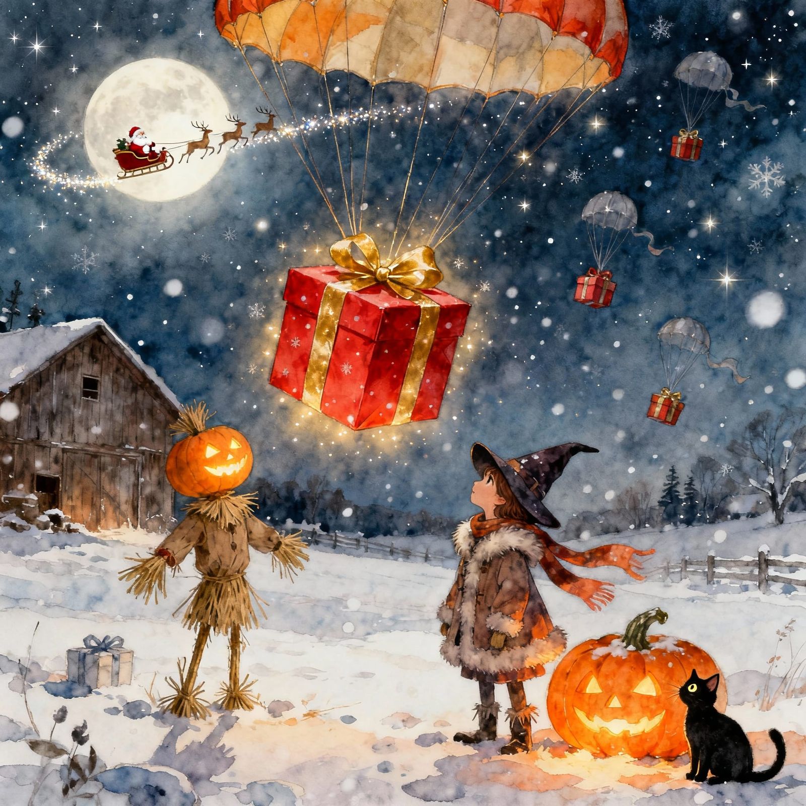 Fairytale Winter Night Scene With Witch and Scarecrow