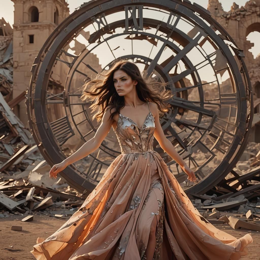 Woman in a Ripped Evening Gown Blows in the Wind Before a Br...