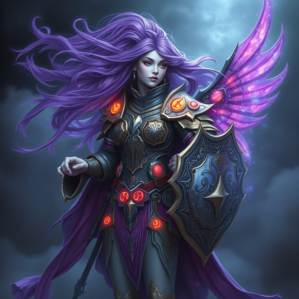 Ethereal Bard in Mythical Armor with Glowing Symbols