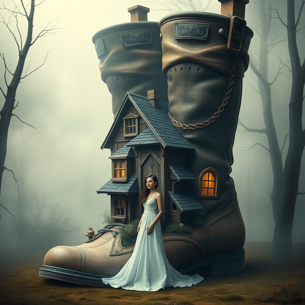 Woman in a Life-Sized House Gown Stands Before a Whimsical B...