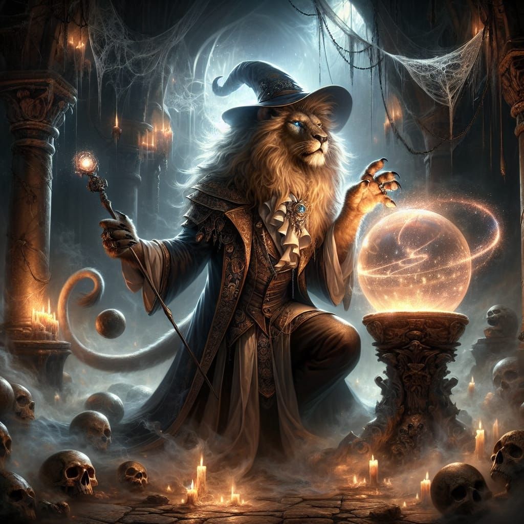 Majestic White Lion Sorcerer in Mystical, Sci-Fi Setting