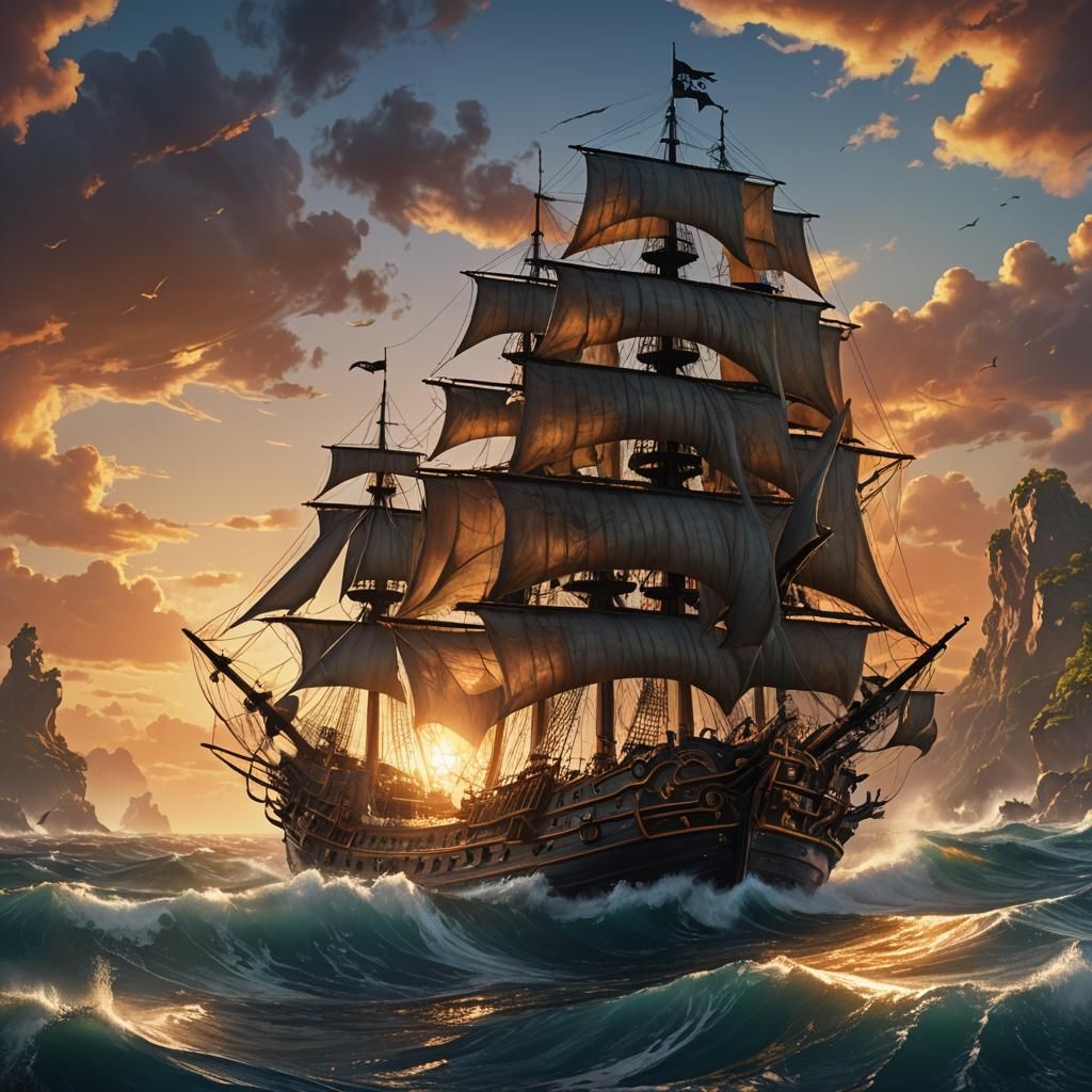 Epic Fantasy Seascape with Majestic Pirate Ship