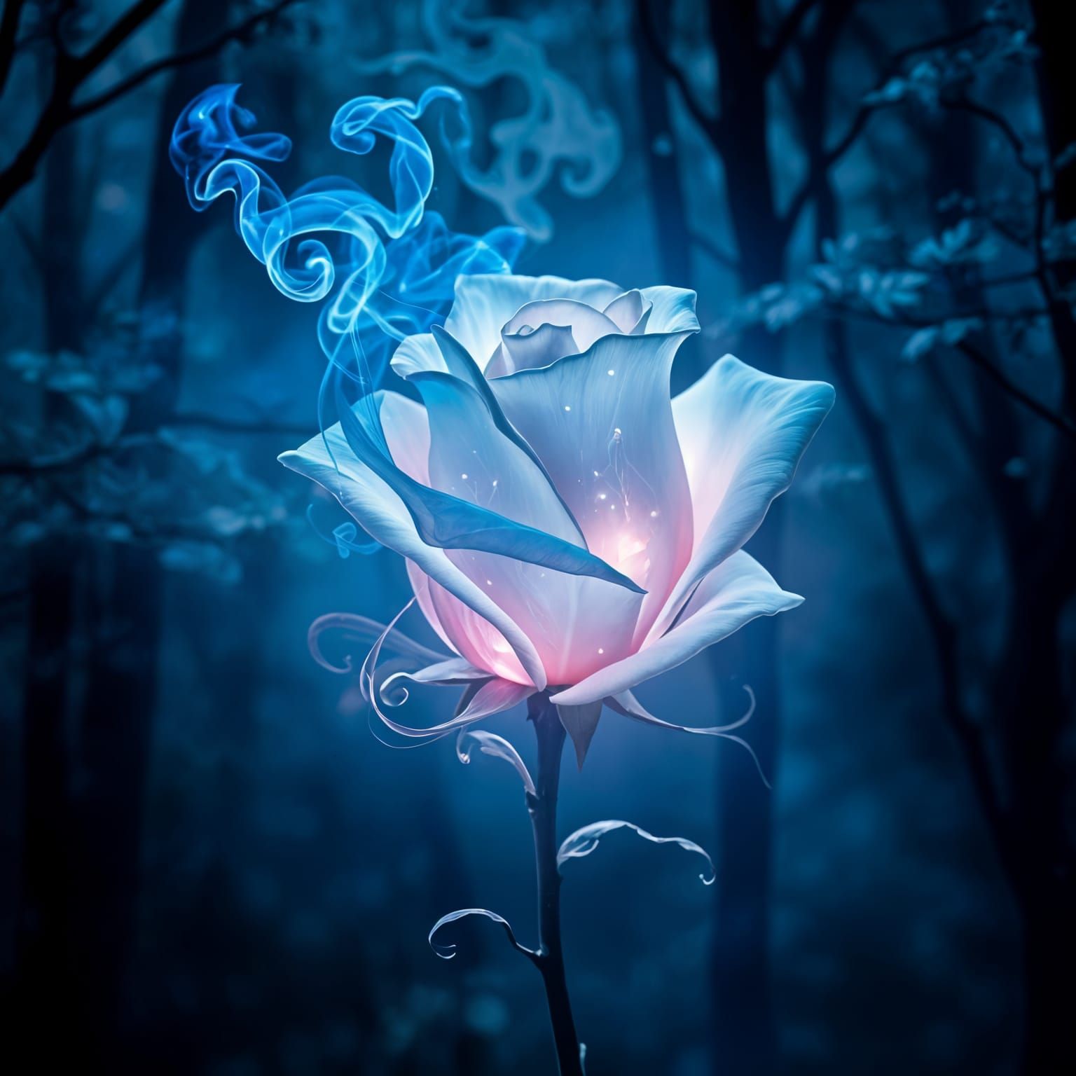 Surreal Night Fantasy with Translucent Rose and Ethereal Smo...