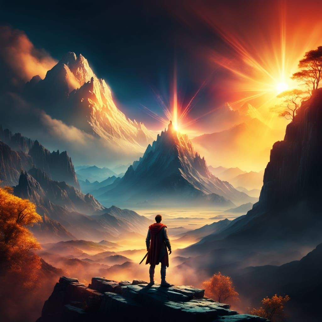 Epic Hero on Cliff in Golden Light