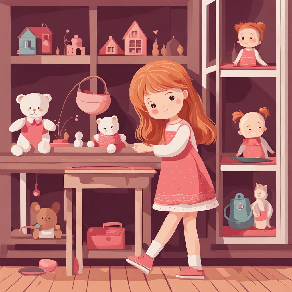 Little Girl Plays in Cozy Dollhouse with Her Beloved Doll