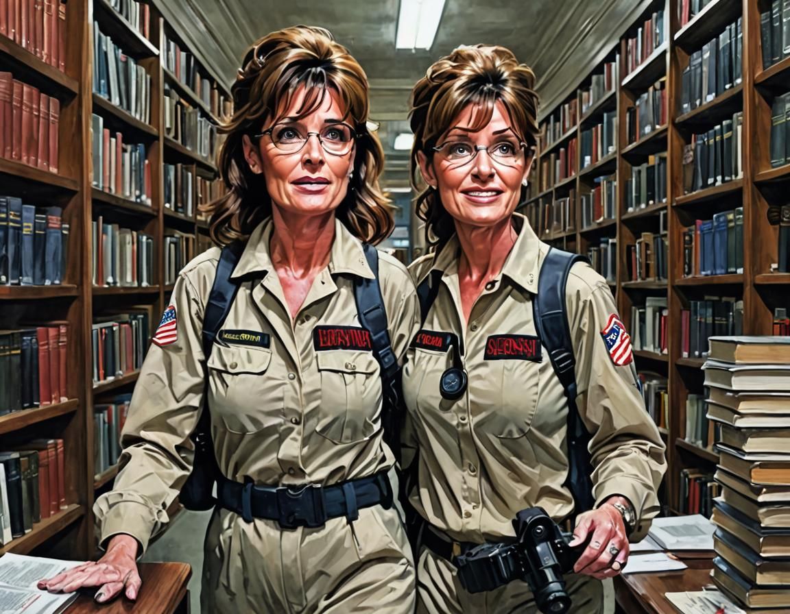 Sarah Palin as a Ghostbusters Pro in a Haunted Library
