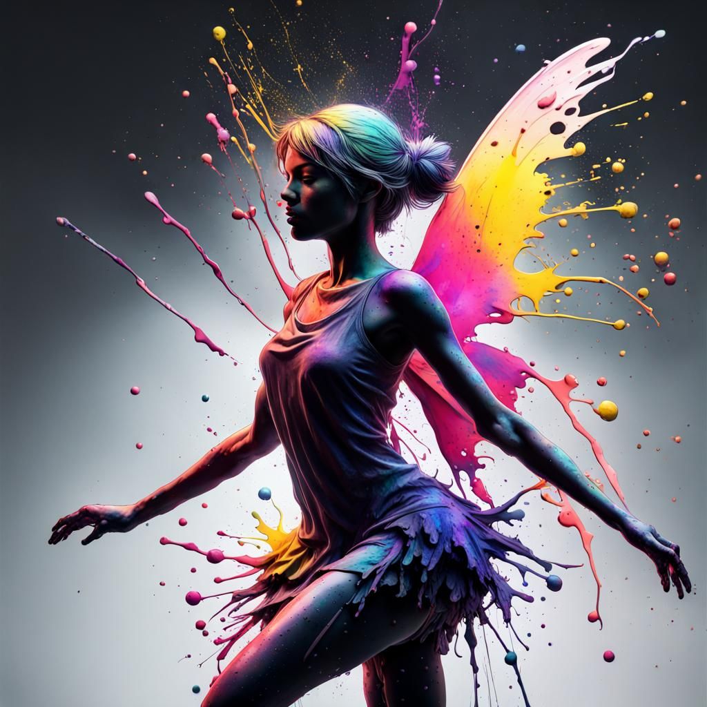 Whimsical Ink Fairy Dances in Vibrant Triadic Colors
