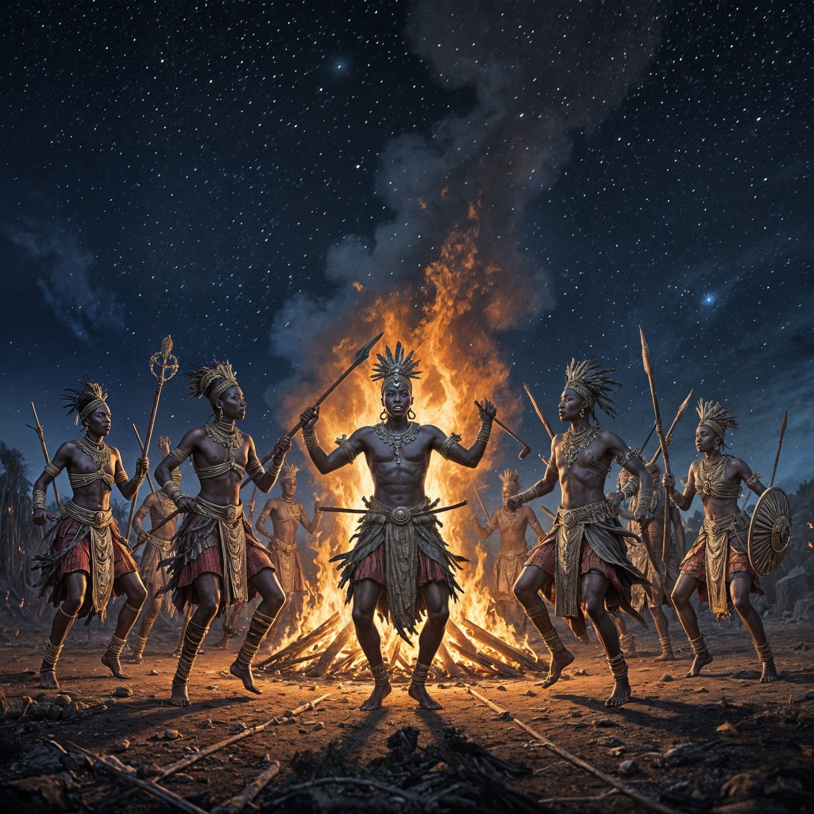 African Warriors Dance Around Glowing Bonfire Under Starligh...