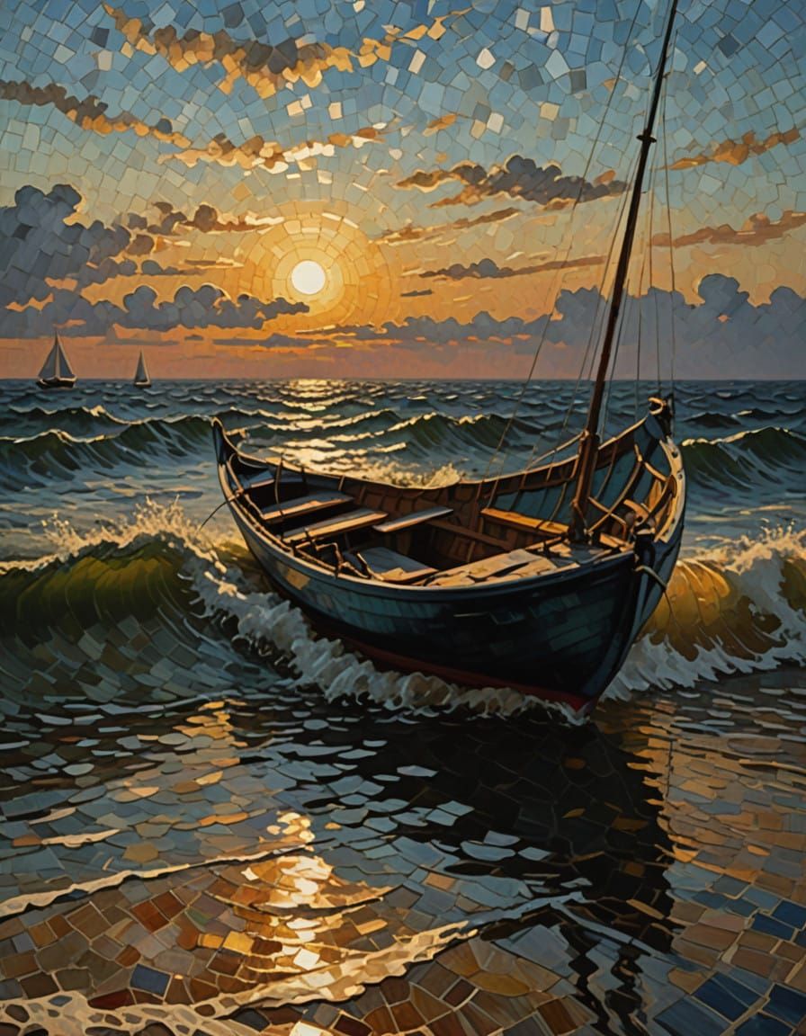 Vibrant Sun and Turbulent Sea in Expressive Art Style