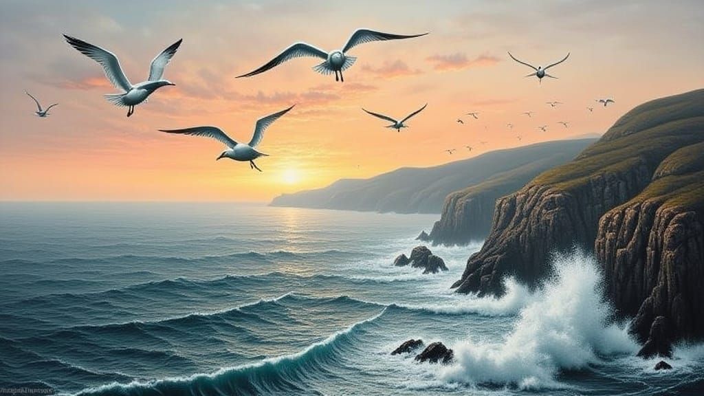 Ethereal Seagulls in Sunset Flight