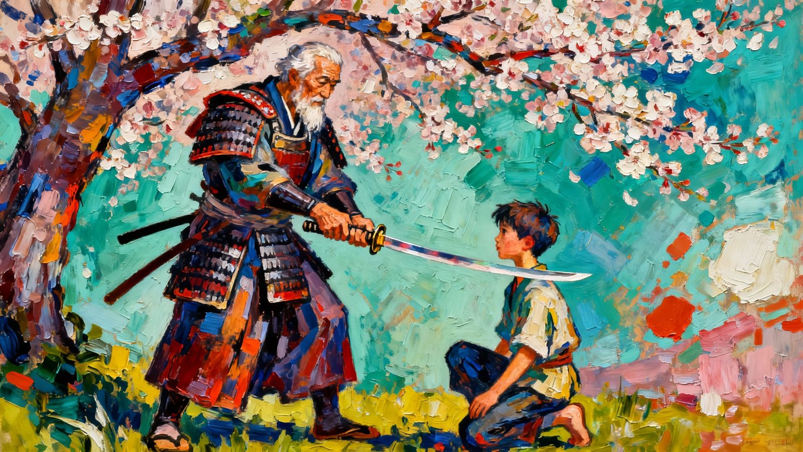 Samurai Master Passes Katana Under Blossom Tree