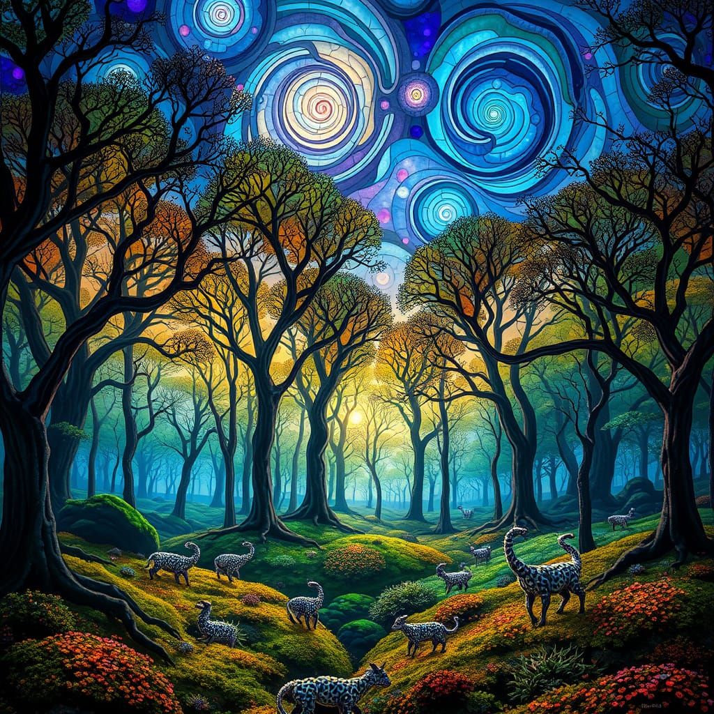 Stained Glass Forest with Bioluminescent Moss