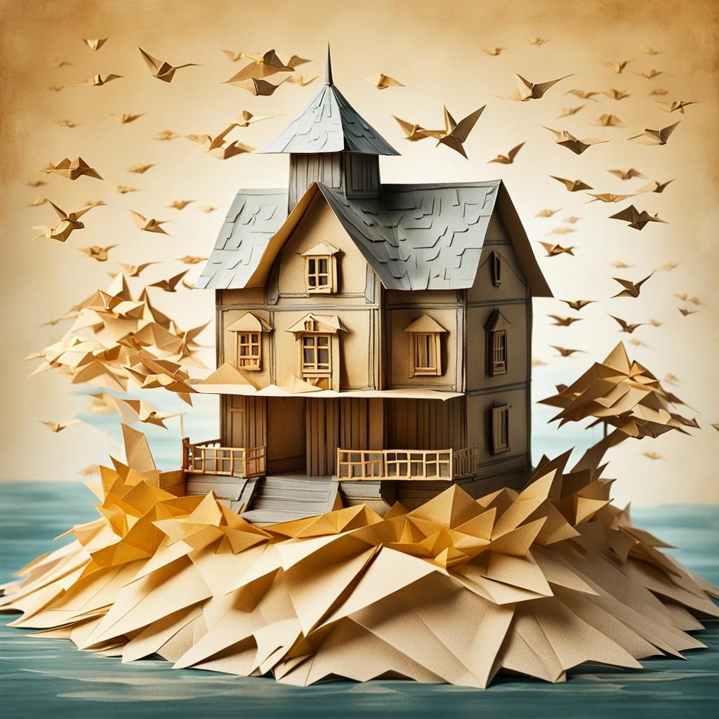 Whimsical Origami Paper House on Serene Ocean Isle