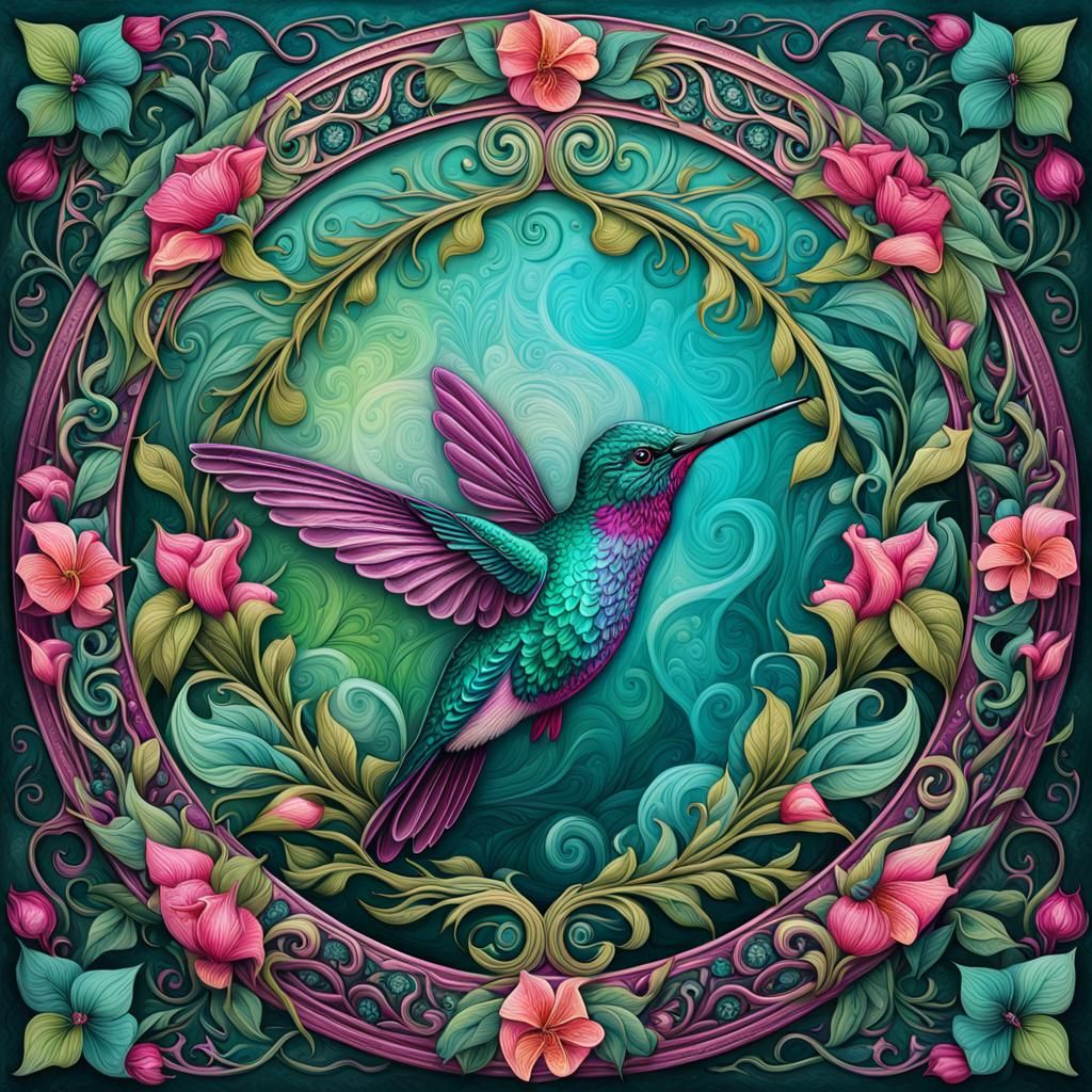 Vibrant Hummingbird amidst Whimsical Floral Delight in Art N...