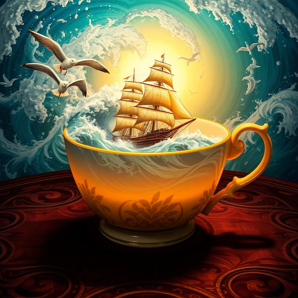 Vibrant Oceanic Scene in Antique Tea Cup Style
