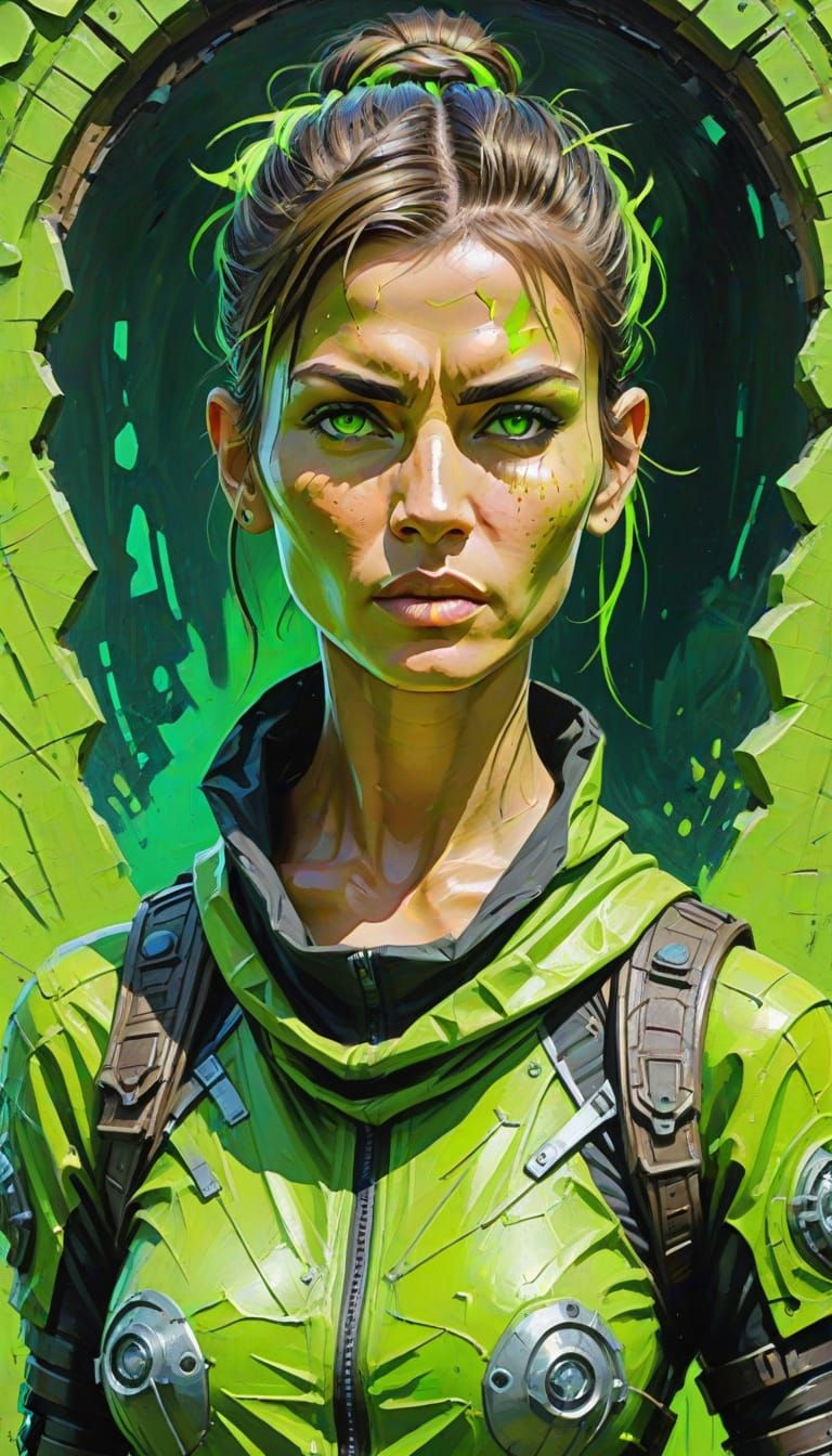 Lady Before Dimensional Portal in Cyberpunk Impasto Style